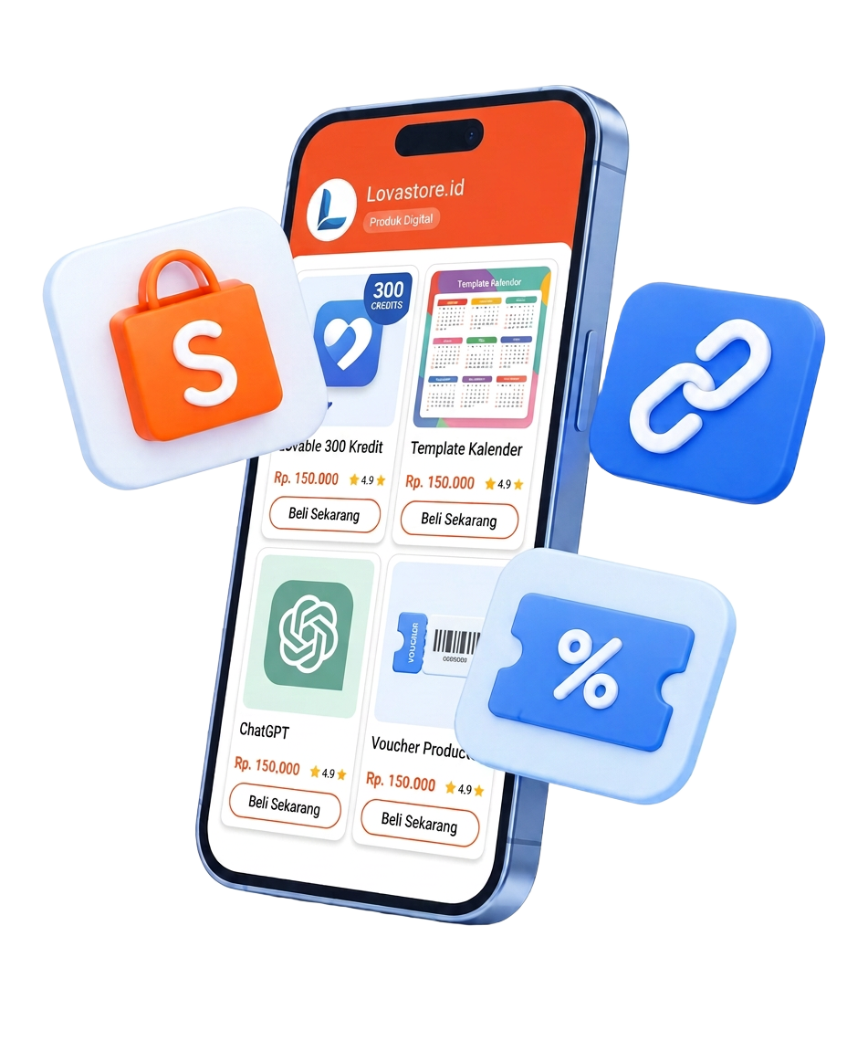 Toko Lovastore.id di Shopee dengan produk digital seperti Lovable 300 Kredit, Template Kalender, dan ChatGPT
